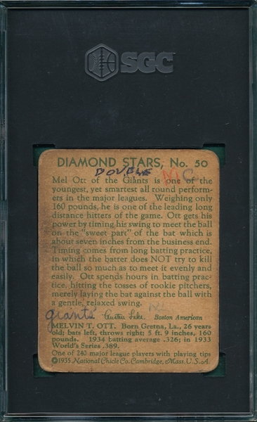 1934-36 Diamond Stars #50 Mel Ott SGC 1