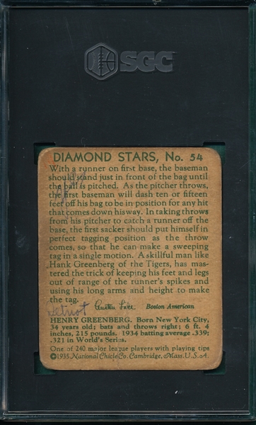 1934-36 Diamond Stars #54 Hank Greenberg SGC 1