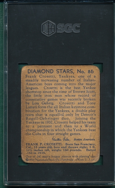 1934-36 Diamond Stars #86 Frank Crosetti SGC 1