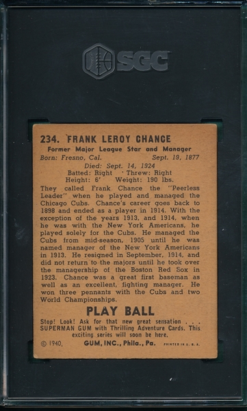 1940 Play Ball #234 Frank Chance SGC 4.5