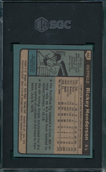 1980 Topps #482 Rickey Henderson SGC 5 *Rookie*