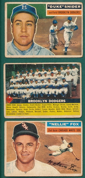 1956 Topps #118 Fox, #166 Dodgers & #150 Snider, Lot of (3)