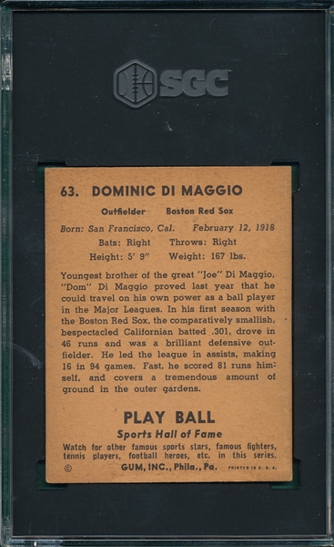 1941 Play Ball #63 Dom DiMaggio SGC 2 *Rookie*