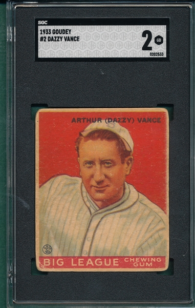1933 Goudey #2 Dazzy Vance SGC 2
