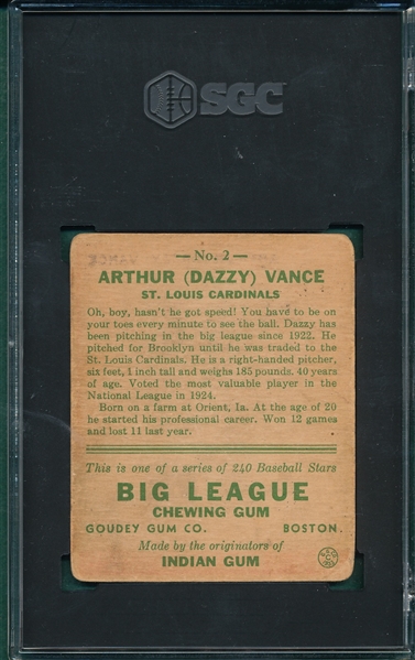 1933 Goudey #2 Dazzy Vance SGC 2