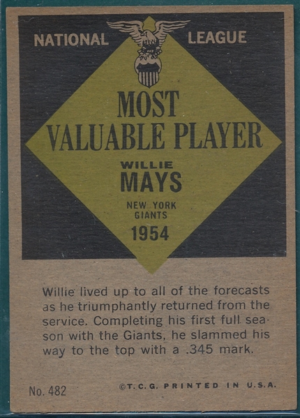 1961 Topps #482 Willie Mays, MVP