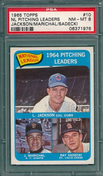 1965 Topps #10 NL Pitching Leaders W/ Marichal PSA 8
