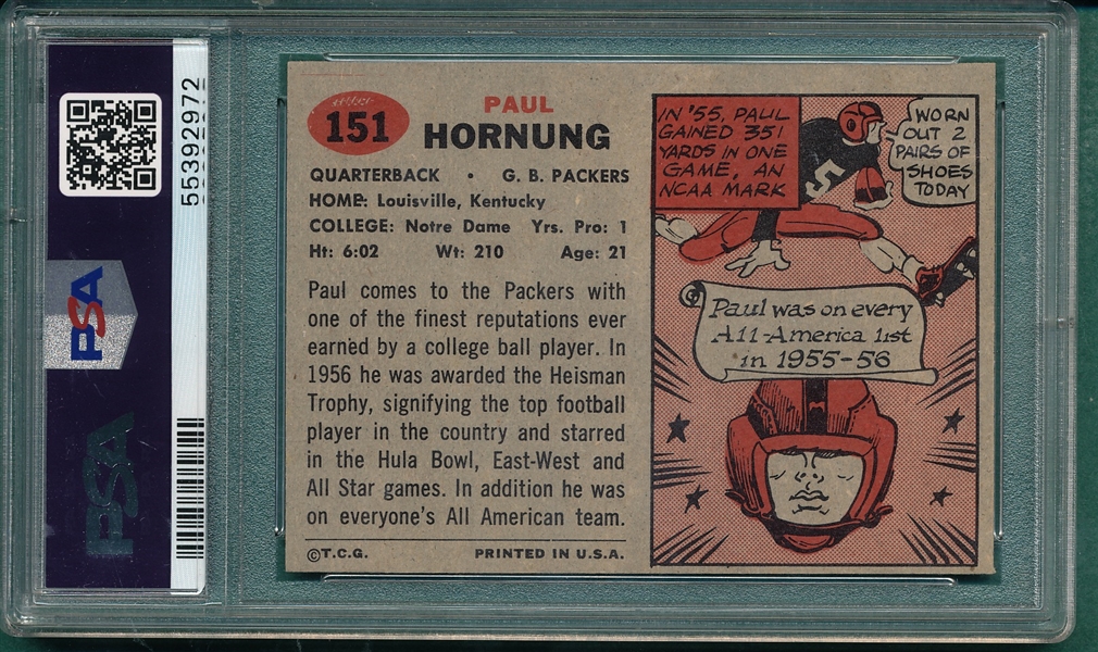 1957 Topps Football #151 Paul Hornung PSA 3 *Rookie*