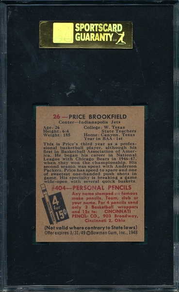 1948 Bowman Basketball #26 Price Brookfield SGC 96 *Mint*