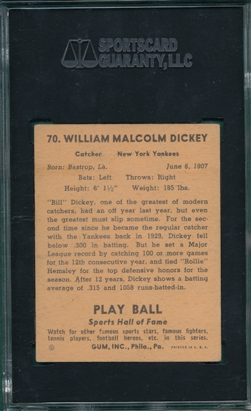 1941 Play Ball #70 Bill Dickey SGC 50