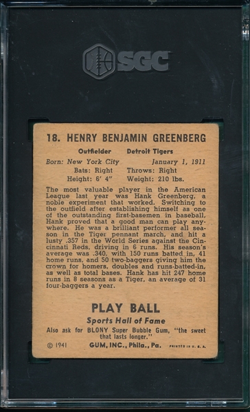 1941 Play Ball #18 Hank Greenberg SGC 1.5