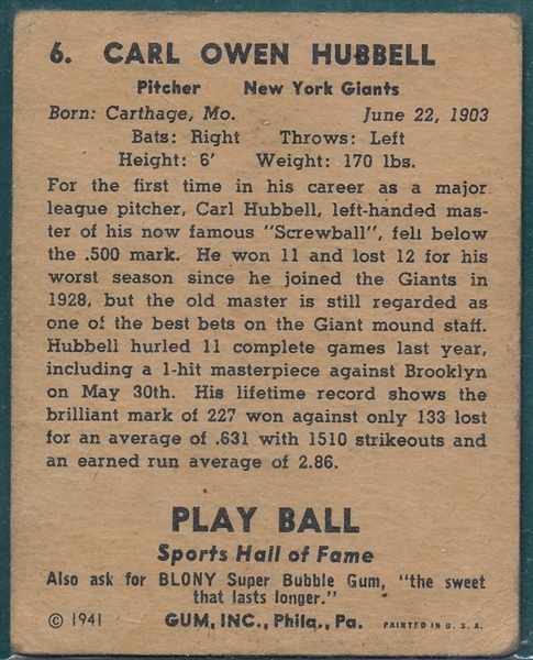 1941 Play Ball #6 Carl Hubbell