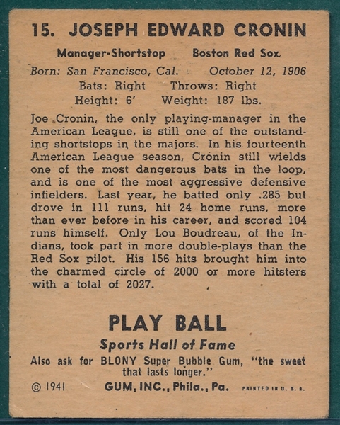1941 Play Ball #15 Joe Cronin