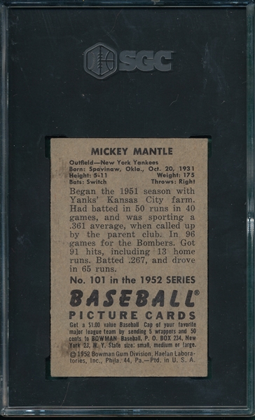 1952 Bowman #101 Mickey Mantle SGC 4