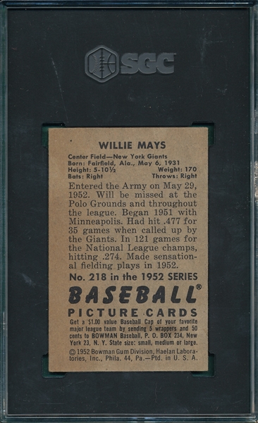 1952 Bowman #218 Willie Mays SGC 4