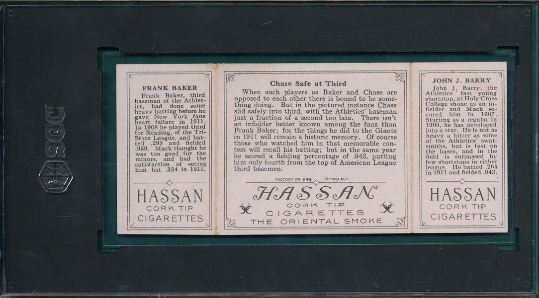 1912 T202 Chase Safe At Third, Barry/Baker, Hassan Cigarettes SGC 4