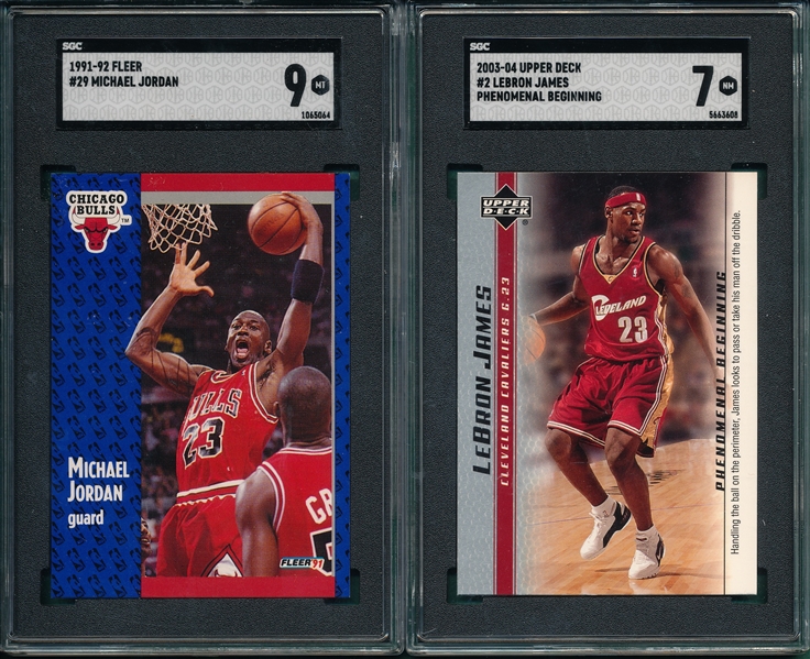 1991 Fleer #29 Michael Jordan SGC 9 & 2003 UD Phenomenal Beginning #2 LeBron James, Rookie, SGC 7, Lot of (2)