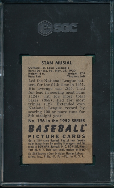 1952 Bowman #196 Stan Musial SGC 4.5