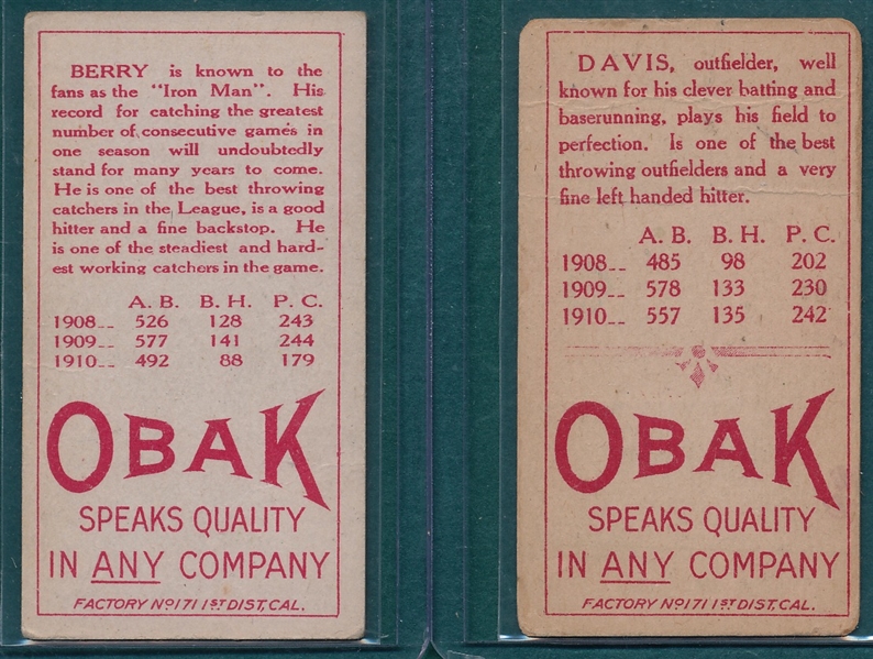 1911 T212-3 Berry & Davis, Obak Cigarettes, Lot of (2)