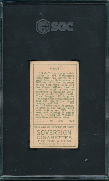 1911 T205 Gray, Stats On Back, Sovereign Cigarettes SGC 3