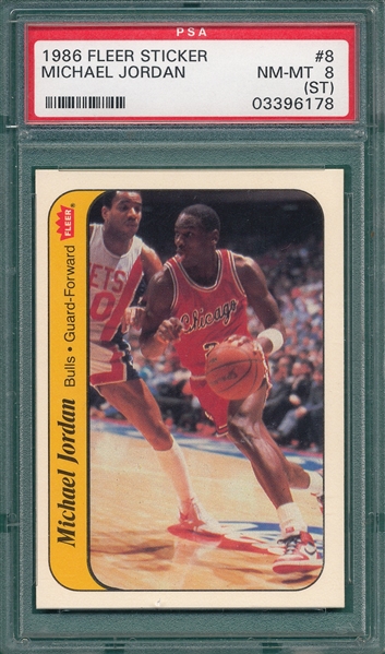 1986 Fleer Basketball Sticker #8 Michael Jordan PSA 8 (ST) *Rookie*