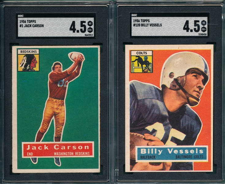 1956 Topps Football #1 Carson & #120 Vessels, Lot of (2) SGC 4.5