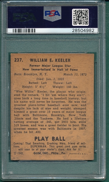 1940 Play Ball #237 Wee Willie Keeler PSA 5