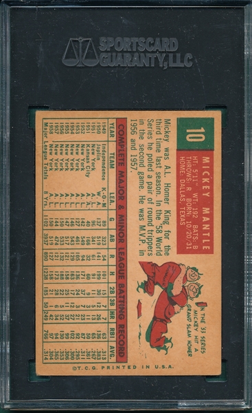 1959 Topps #10 Mickey Mantle SGC 3
