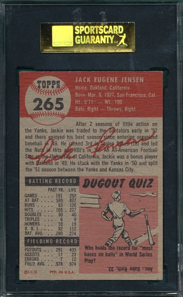 1953 Topps #265 Jackie Jensen SGC 88 *Hi #* *Only Two Higher*