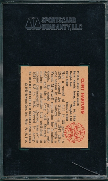 1950 Bowman #118 Clint Hartung SGC 98 *GEM MINT* *Highest Graded*