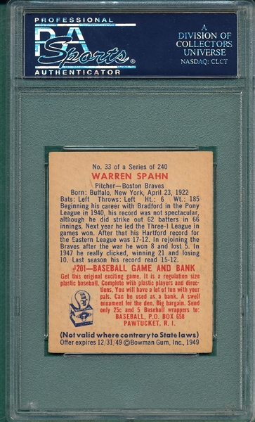 1949 Bowman #33 Warren Spahn PSA 6.5