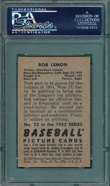1952 Bowman #23 Bob Lemon PSA 5