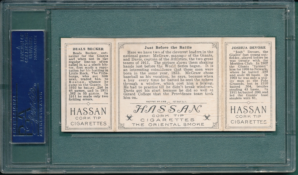 1912 T202 Just Before the Battle, Devore/ Becker, Hassan Cigarettes Triple Folder PSA 5
