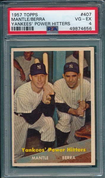 1957 Topps #407 Yankee Power Hitters W/ Berra & Mantle, PSA 4