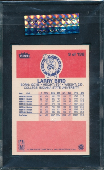 1986 Fleer Basketball #9 Larry Bird SGC 96 *Mint*