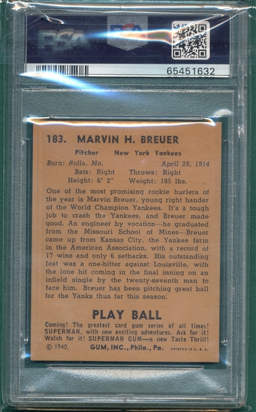 1940 Play Ball #183 Marvin Breuer PSA 5