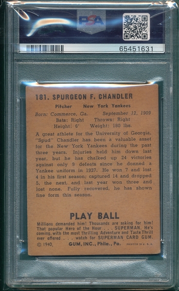 1940 Play Ball #181 Spud Chandler PSA 3