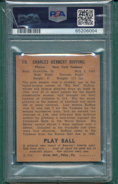 1940 Play Ball #10 Red Ruffing PSA 4