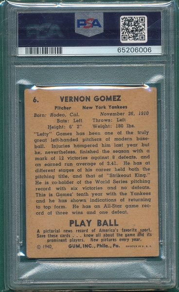 1940 Play Ball #6 Lefty Gomez PSA 3