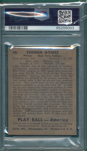 1939 Play Ball #48 Vernon Gomez PSA 5