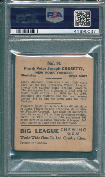 1936 World Wide Gum #91 Frank Crosetti PSA 3.5