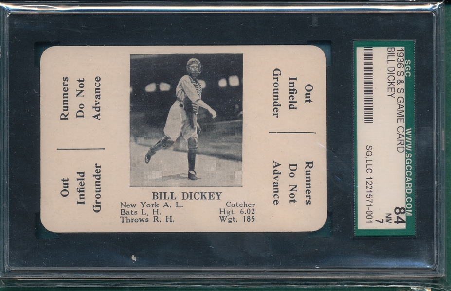 1936 S & S Game Card Bill Dickey SGC 84