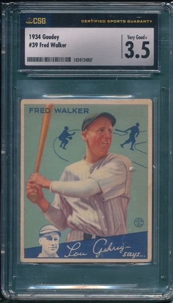 1934 Goudey #39 Fred Walker CSG 3.5