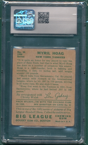 1934 Goudey #95 Myril Hoag CSG 2.5