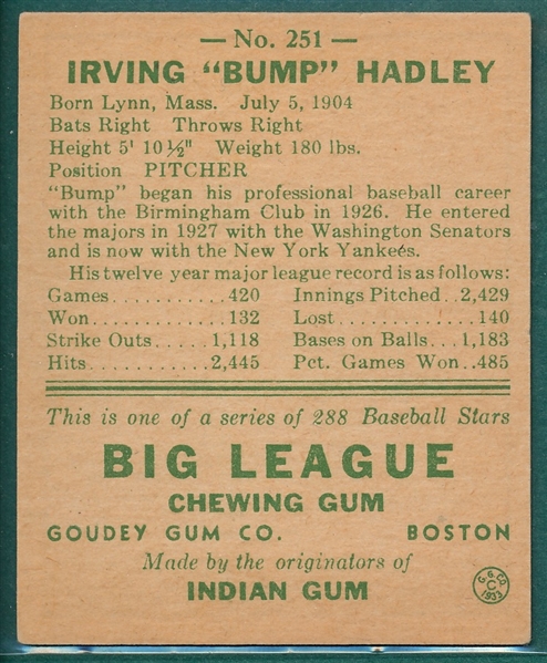 1938 Goudey #251 Bump Hadley