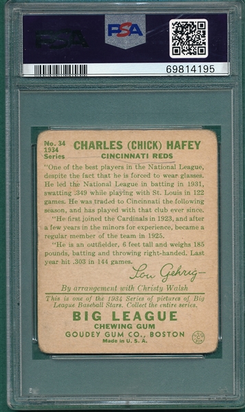 1934 Goudey #34 Chick Hafey PSA Authentic *Autographed*