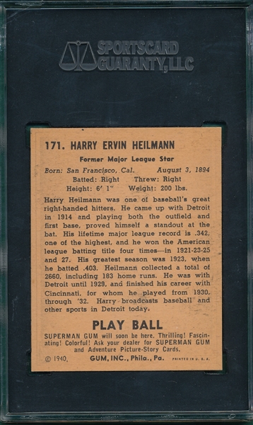 1940 Play Ball #171 Harry Heilmann SGC 92