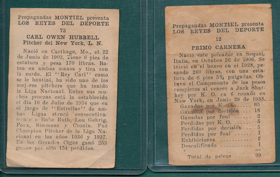 1946-47 Propagandas Montiel #12 Carnera and #73 Hubbell, Lot of (2)