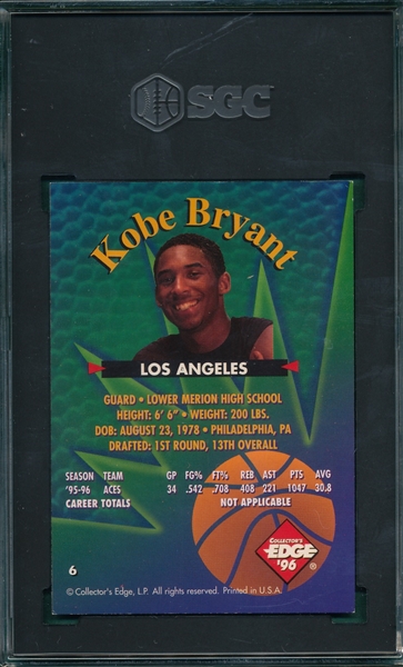 1996 Collectors Edge #6 Kobe Bryant, Rookie Rage, SGC 7.5