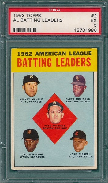 1963 Topps #2 AL Batting Leaders W/ Mantle PSA 5